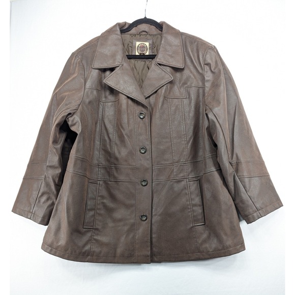 giacca Jackets & Blazers - Giacca Brown Faux Leather Button Front Jacket Womens‎ 2X Quilted Lining